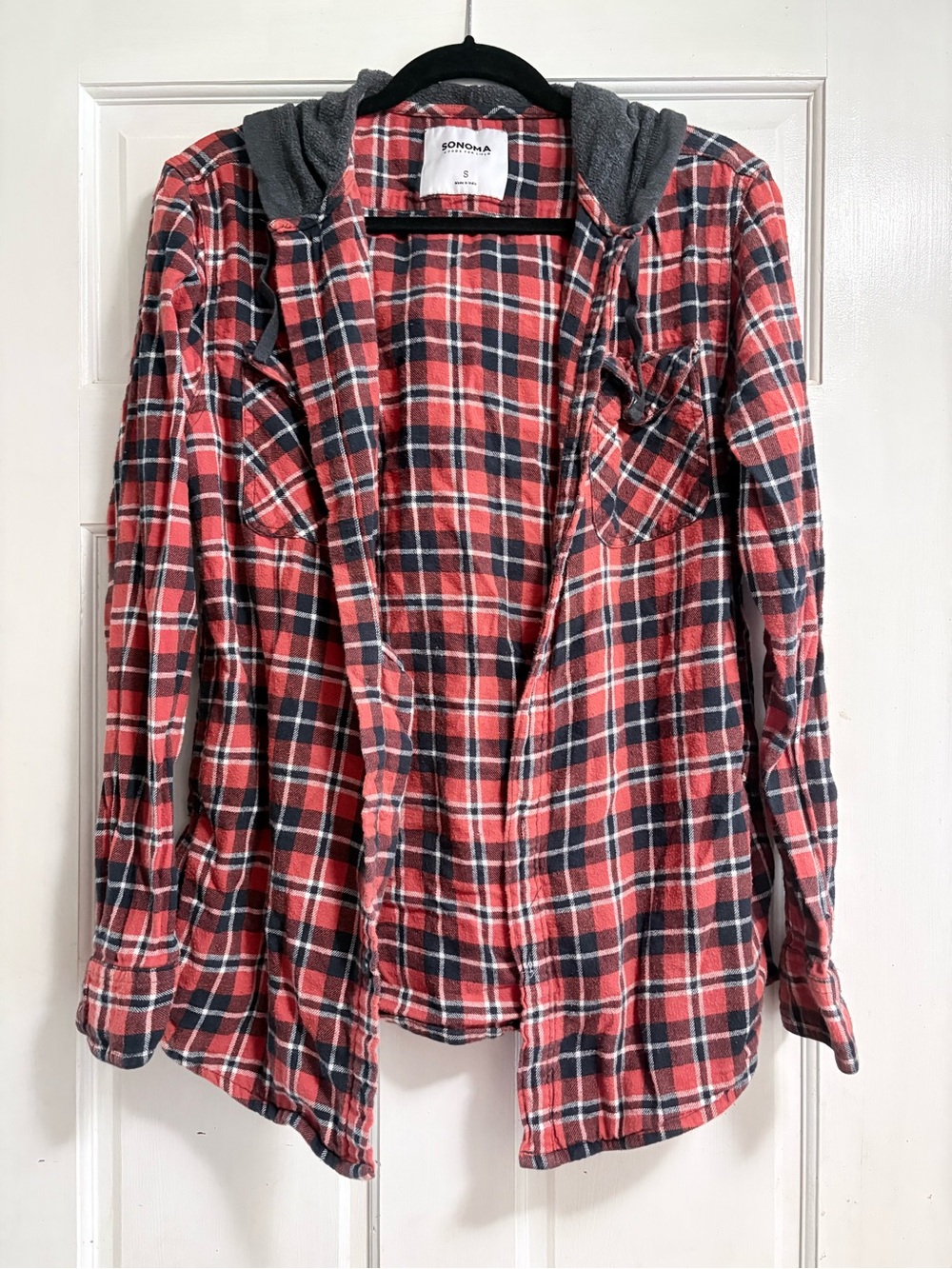 Sonoma Red and Black Plaid Hooded Flannel Button-Down